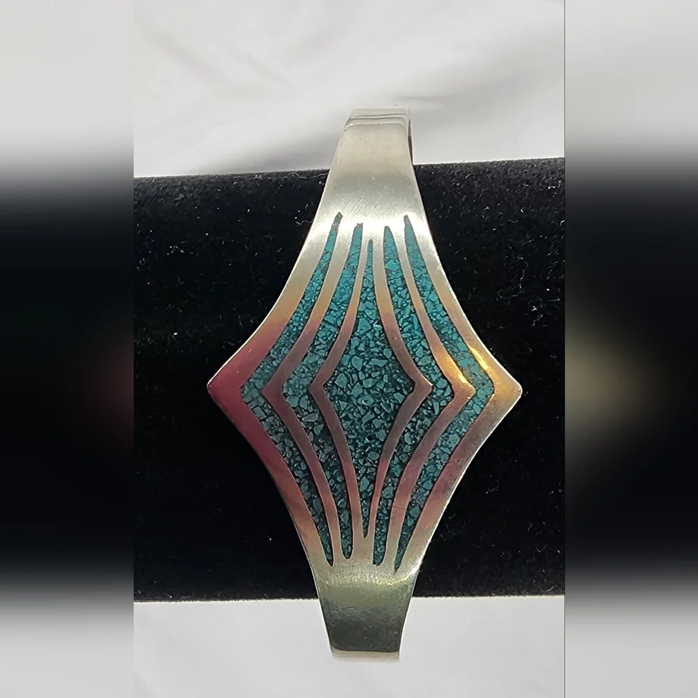Vintage Sterling Silver Taxco Cuff Bracelet with turquoise inlay.
